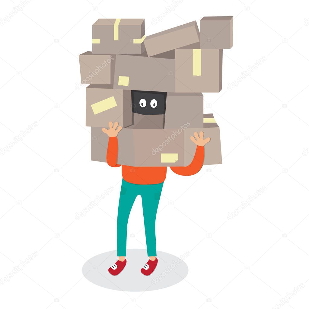 Delivery worker hide by box.Courier Man carrying boxes cartoon vector isolated illustration