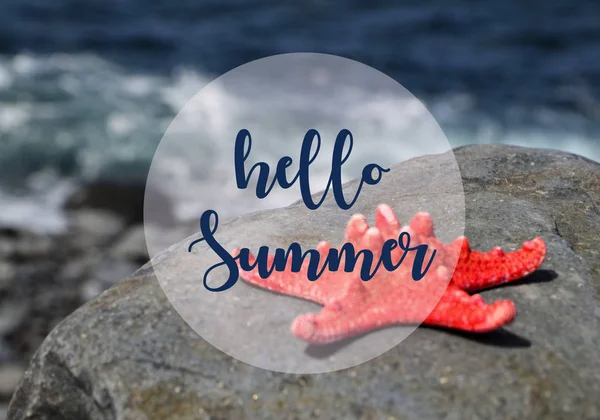 Hello Summer vacation message sign with starfish on the beach by the ocean. Summertime concept.Selective focus.
