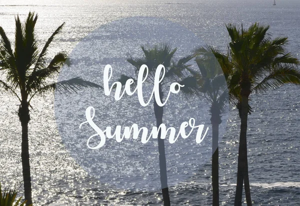 Hello Summer vacation message sign with silhouettes of palm trees on ocean background.Summertime concept.Selective focus.