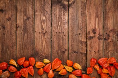 Rustik ahşap masa üzerinde turuncu Çince fenerler (Physalis)