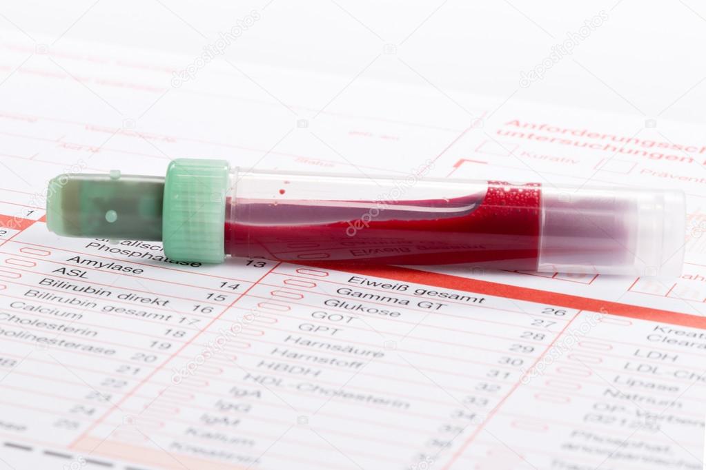 Blood test, blood samples on a laboratory form