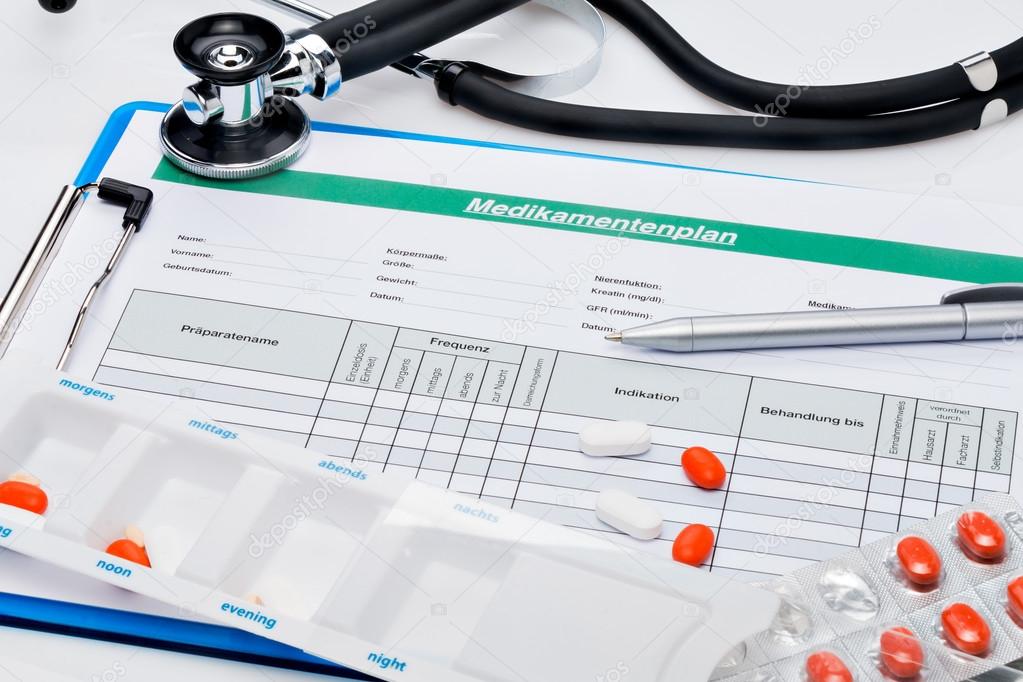 Medication plan (in German), with tablets and stethoscope