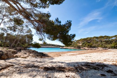 Playa de S 'Amarador banyo plajı, mavi turkuaz suyu olan plaj, Mallorca İspanya