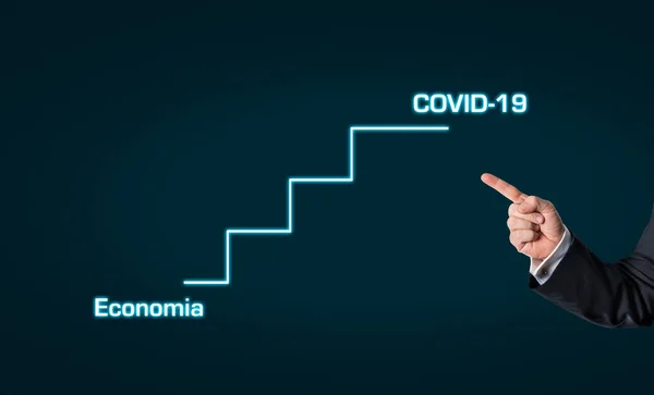 コロナの衝突 株式市場の崩壊またはコロナウイルスによって引き起こされる金融危機を示す黒板にグラフィックを指す手 — ストック写真