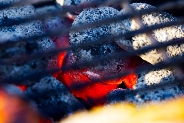 炭火でソーセージと焼き肉を焼く — ストック写真