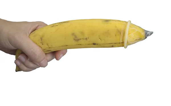 Metafora banana mano preservativo concetto di gomma — Foto Stock