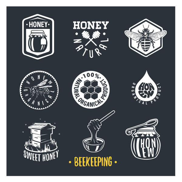 Пчеловодство. Набор винтажных медовых этикеток, значков, логотипов и элементов дизайна. Шаблон логотипа
.
