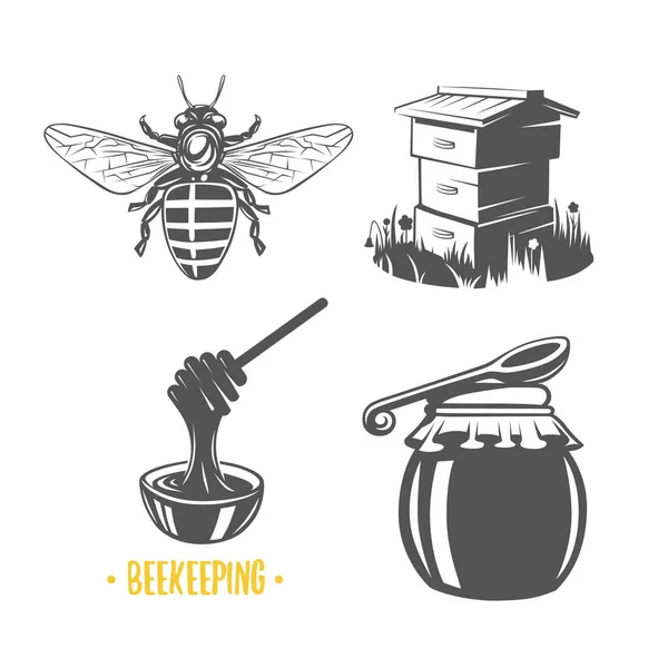 Apicultura. Conjunto de rótulos de mel vintage, crachás, logotipos e elementos de design. Modelo de logotipo Apiary . —  Vetores de Stock