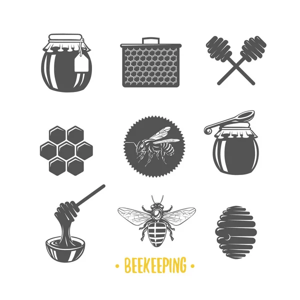 Apicultura. Conjunto de etiquetas de miel vintage, insignias, logotipos y elementos de diseño. Plantilla de logotipo Apiary . — Archivo Imágenes Vectoriales