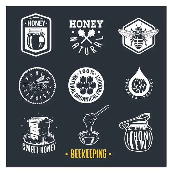 Beekeeping. Set of vintage honey labels, badges, logotypes and design elements. Apiary logo template. — Stock Illustration Beekeeping. Set of vintage honey labels, badges, logotypes and design elements. Apiary logo template. Vector Graphics