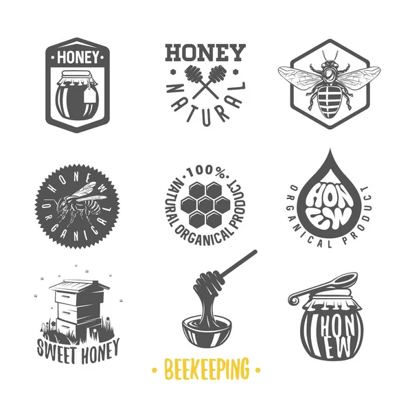 Beekeeping. Set of vintage honey labels, badges, logotypes and design elements. Apiary logo template. — Stock Illustration Beekeeping. Set of vintage honey labels, badges, logotypes and design elements. Apiary logo template. Stock Vector