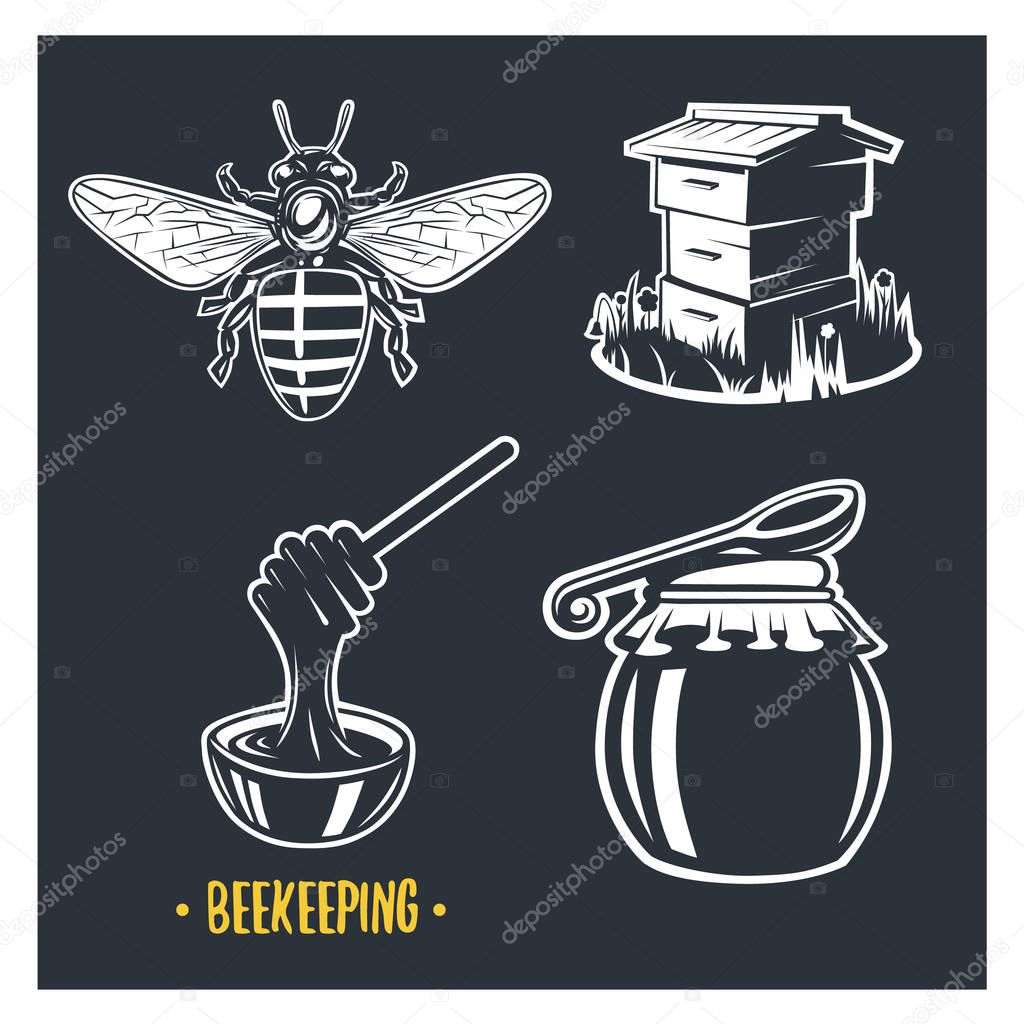 Beekeeping. Set of vintage honey labels, badges, logotypes and design elements. Apiary logo template.