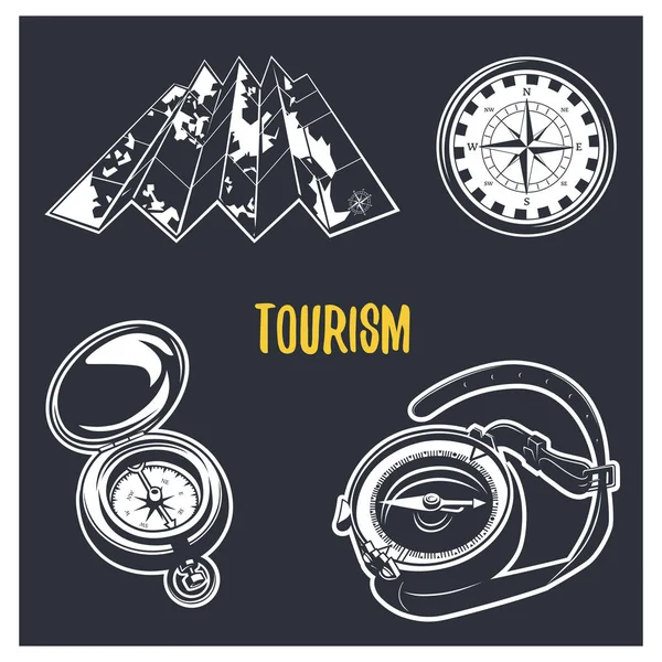 Turismo. Conjunto de equipos de camping — Archivo Imágenes Vectoriales