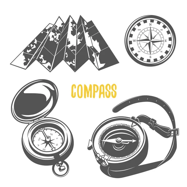 Kompas. Zestaw wyposażenia kempingowego — Wektor stockowy