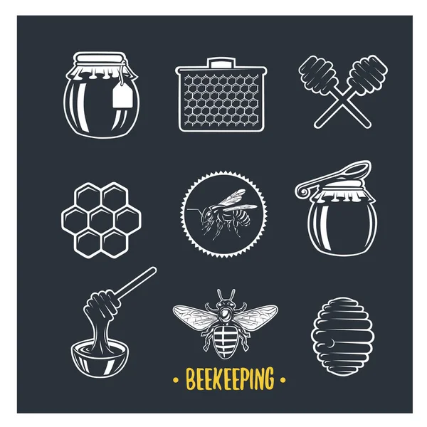Beekeeping. Set of vintage honey labels, badges, logotypes and design elements. Apiary logo template. — Stock Illustration Beekeeping. Set of vintage honey labels, badges, logotypes and design elements. Apiary logo template. Royalty Free Stock Illustrations