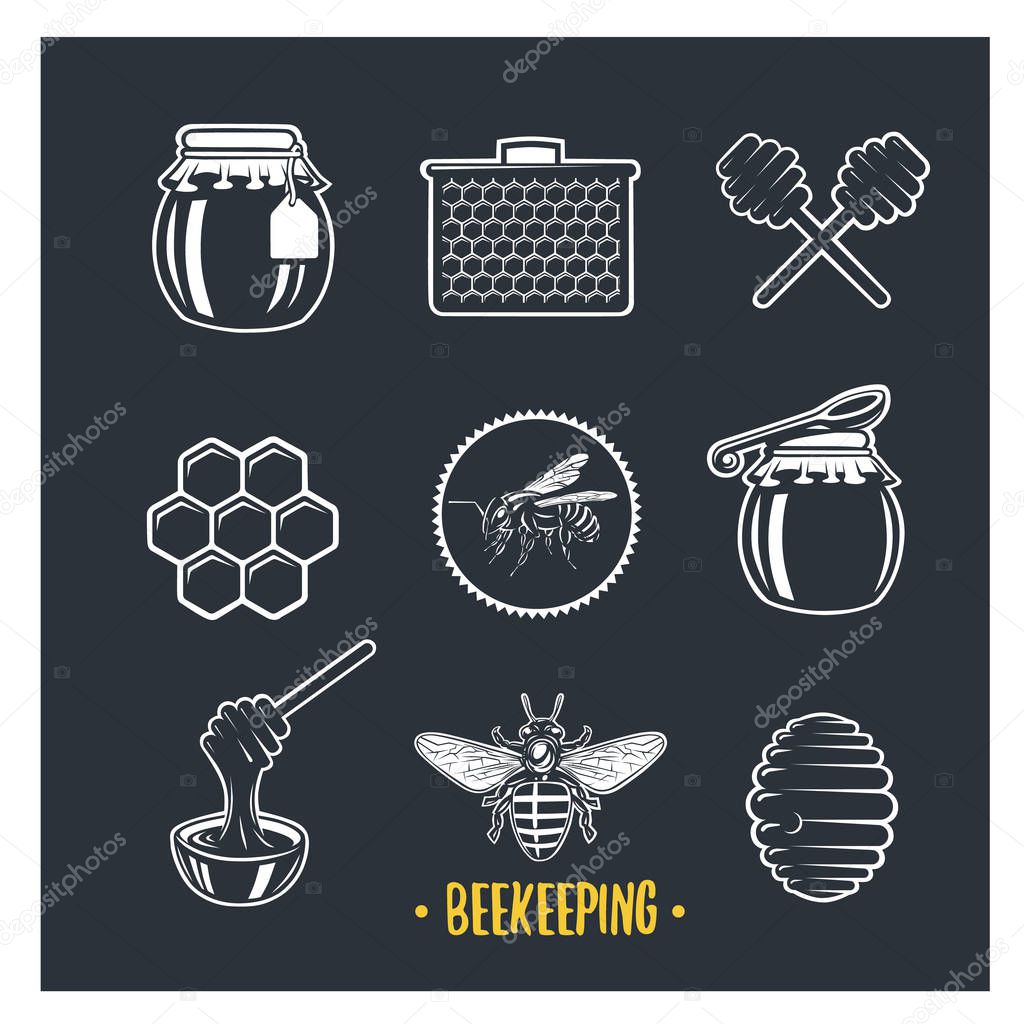 Beekeeping. Set of vintage honey labels, badges, logotypes and design elements. Apiary logo template.