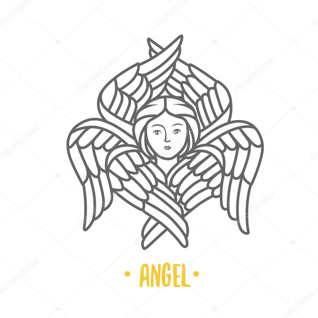 Angel head with wings isolated on white background