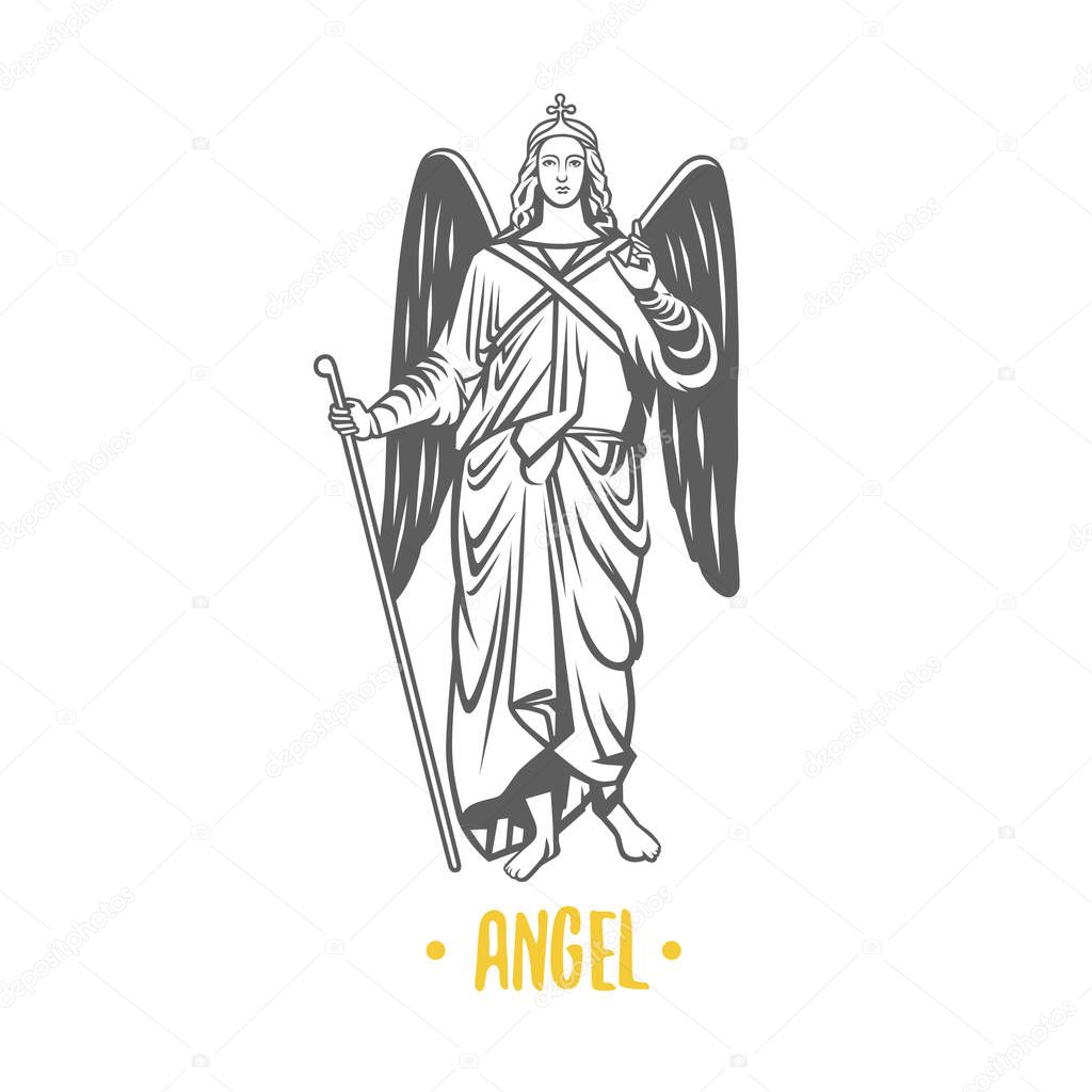 Angel with big wings isolated on white background