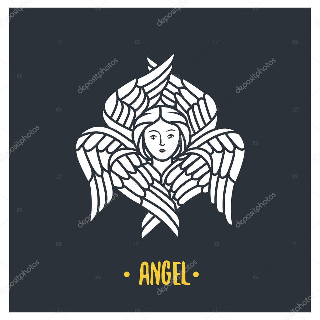Angel head with wings on black background