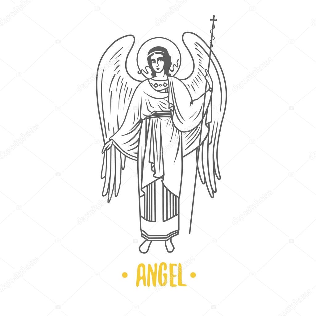 Angel with big wings isolated on white background