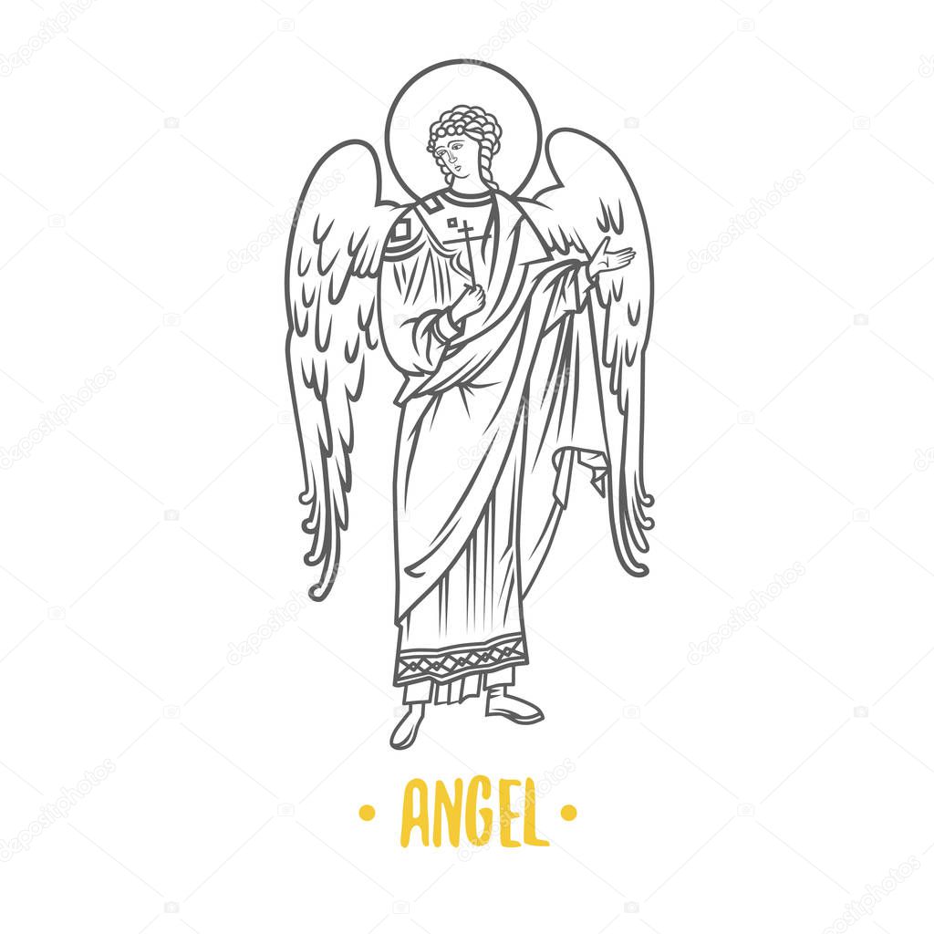Angel with big wings isolated on white background