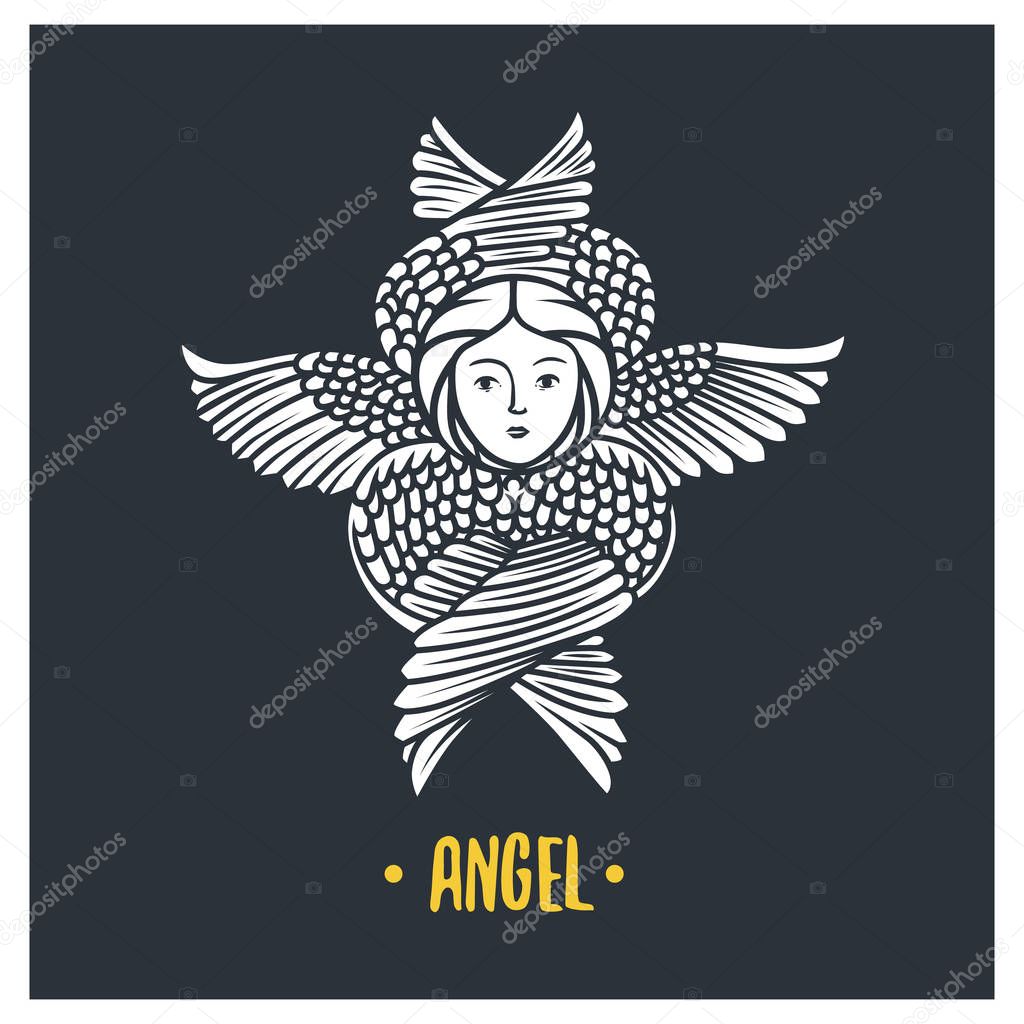 Angel head with wings on black background