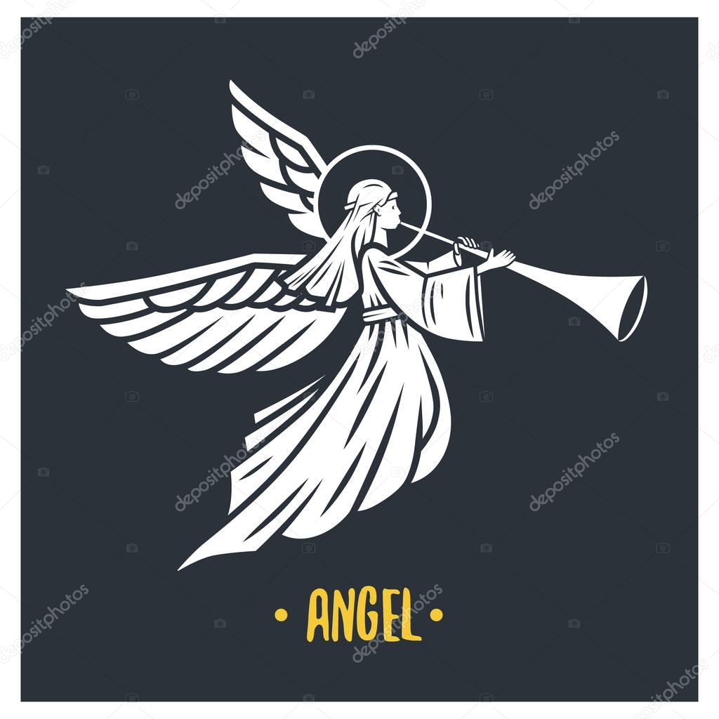 Angel flying and playing music on black background