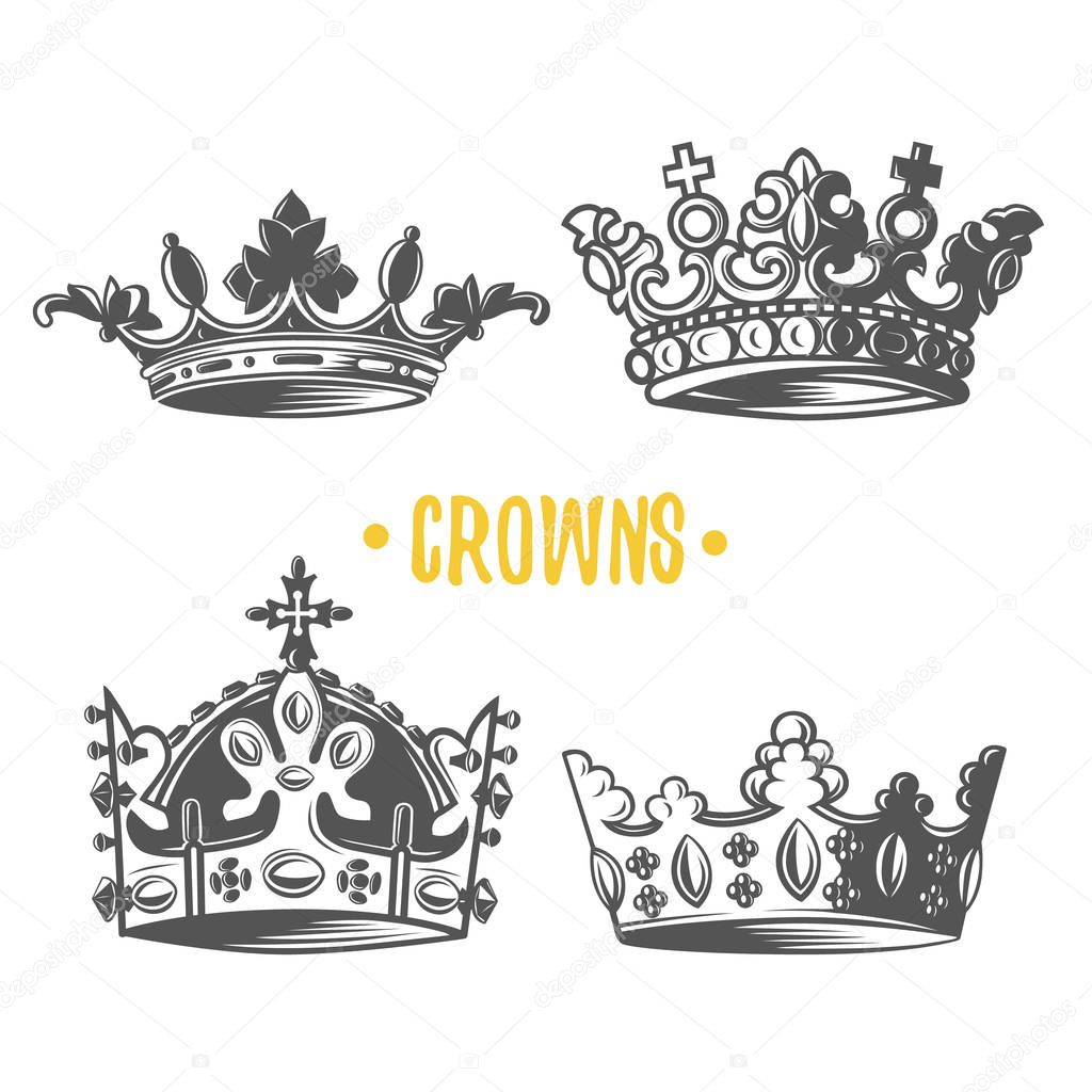 Set of antique crowns isolated on white background