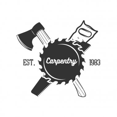 Marangozluk amblemi balta ve beyaz arka plan üzerinde izole testere ile