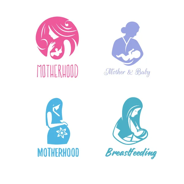 Conjunto Colorido Símbolo Maternidad Con Mujeres Niños Aislados Sobre Fondo — Vector de stock