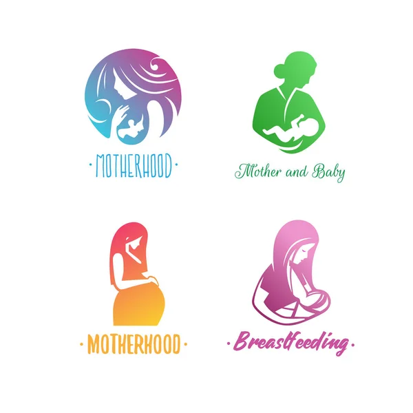 Conjunto Colorido Símbolo Maternidad Con Mujeres Niños Aislados Sobre Fondo — Vector de stock
