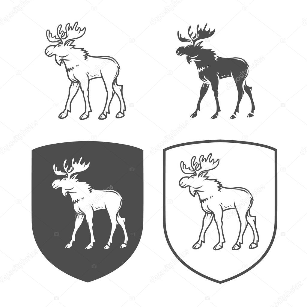 Black and white set of elks and shields isolated on white background