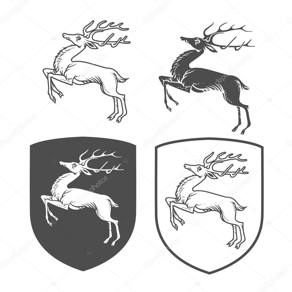 Black and white set of deers and shields isolated on white background