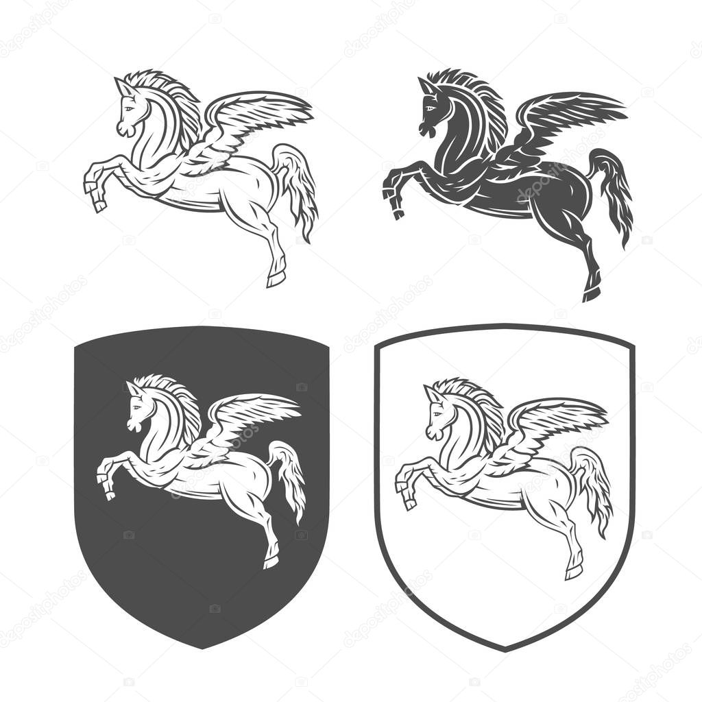 Black and white set of Pegasus and shields isolated on white background