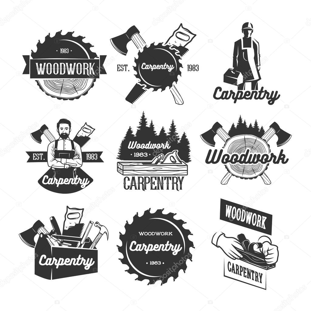 Carpenter emblems and icons isolated on white background