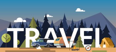 Vektör çizim şenlik ateşi ve seyahat etmek sözcük ile orman içinde park edilmiş araba çadırı.