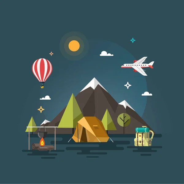 Acampamento e acampamento de montanha . — Vetor de Stock