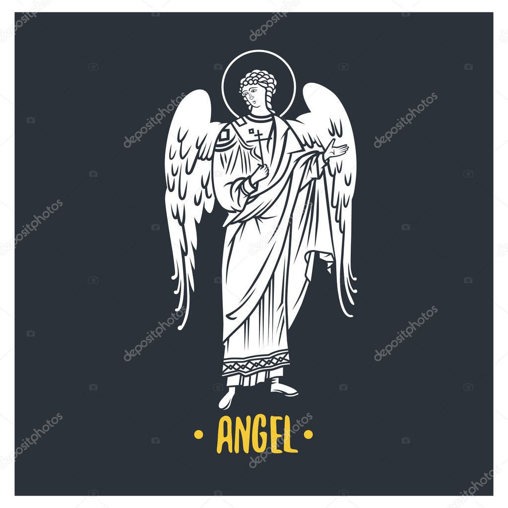 Angel god, illustration. Black and white illustration.