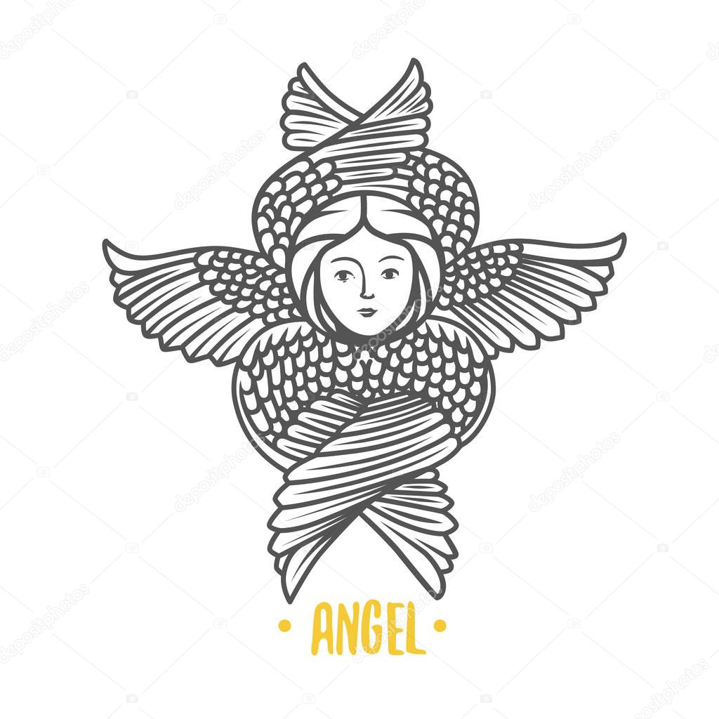 Angel god. Vector illustration. Black and white vector objects