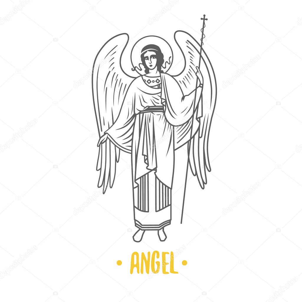 Angel god, illustration. Black and white illustration.
