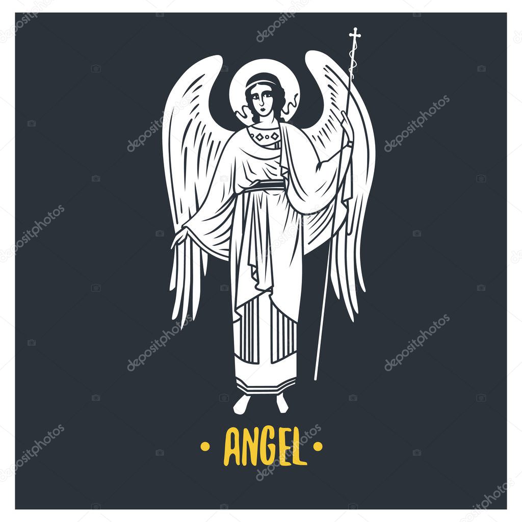Angel god, illustration. Black and white illustration.