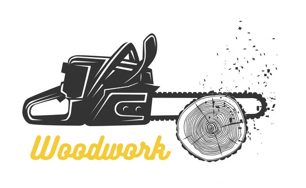 Lavorazione del legno. Modello logo motosega . — Vettoriale Stock