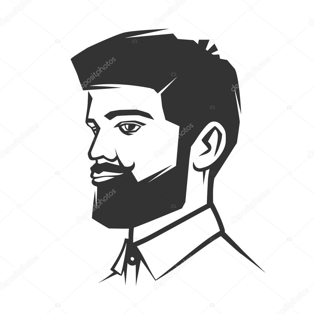 Man's face with beard. Black and white vector object.