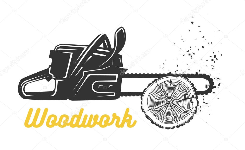 Woodworking. Chainsaw logo template. Black and white objects.