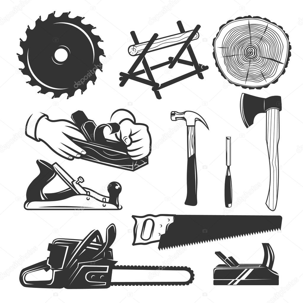 Carpentry tools. Logo templates. Black and white objects.