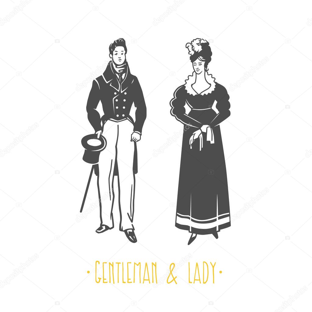 Vintage lady and gentleman style  illustration. Black and white vector objects.