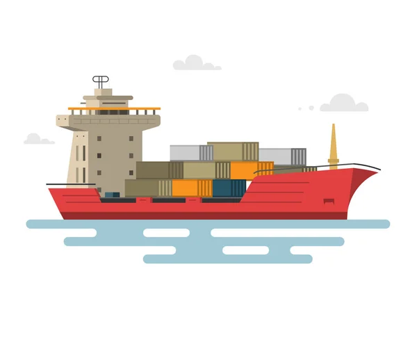 Vektor ilustrasi kontainer kapal datar di transportasi laut . - Stok Vektor