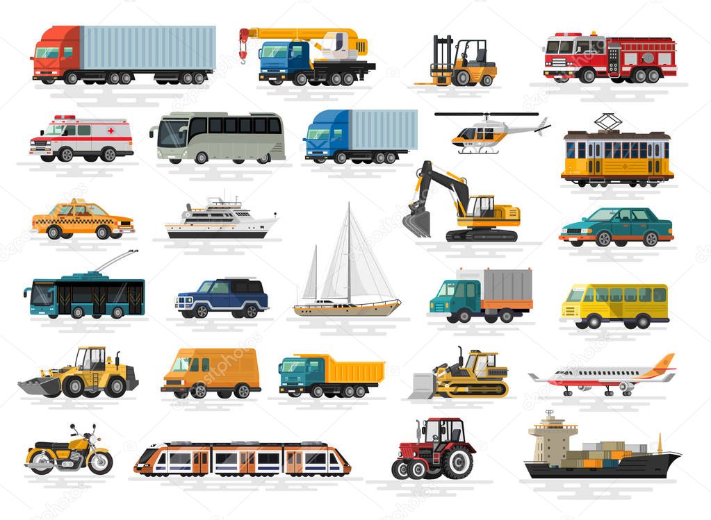 Urban, city cars and vehicles transport vector flat icons set.