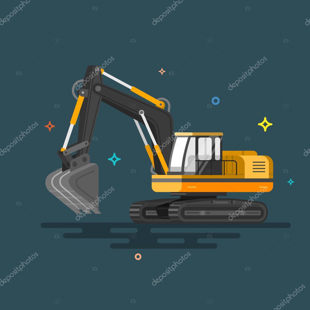 Vector illustration with cartoon flat industrial excavator. Vector construction equipment. Colorful illustrations.