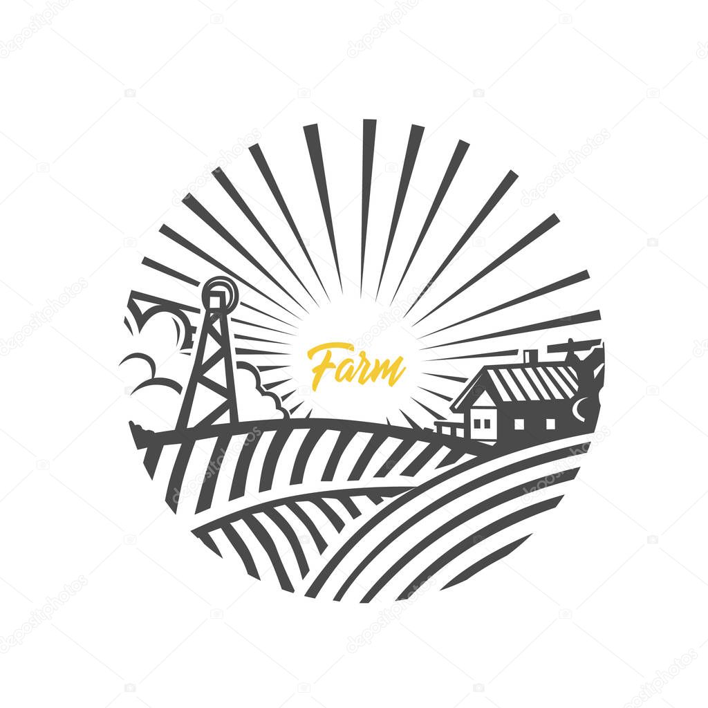 Farm logo. Black and white vector illustration.